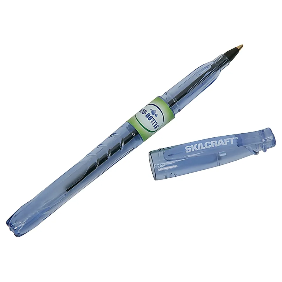 SKILCRAFT® Ballpoint Stick Pens, Pack Of 12, Fine Point, Transparent Blue Barrel, Black Ink