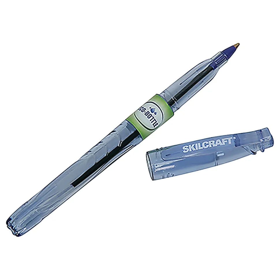 SKILCRAFT® Ballpoint Stick Pens, Pack Of 12, Fine, Medium Point, Transparent Blue Barrel, Blue Ink