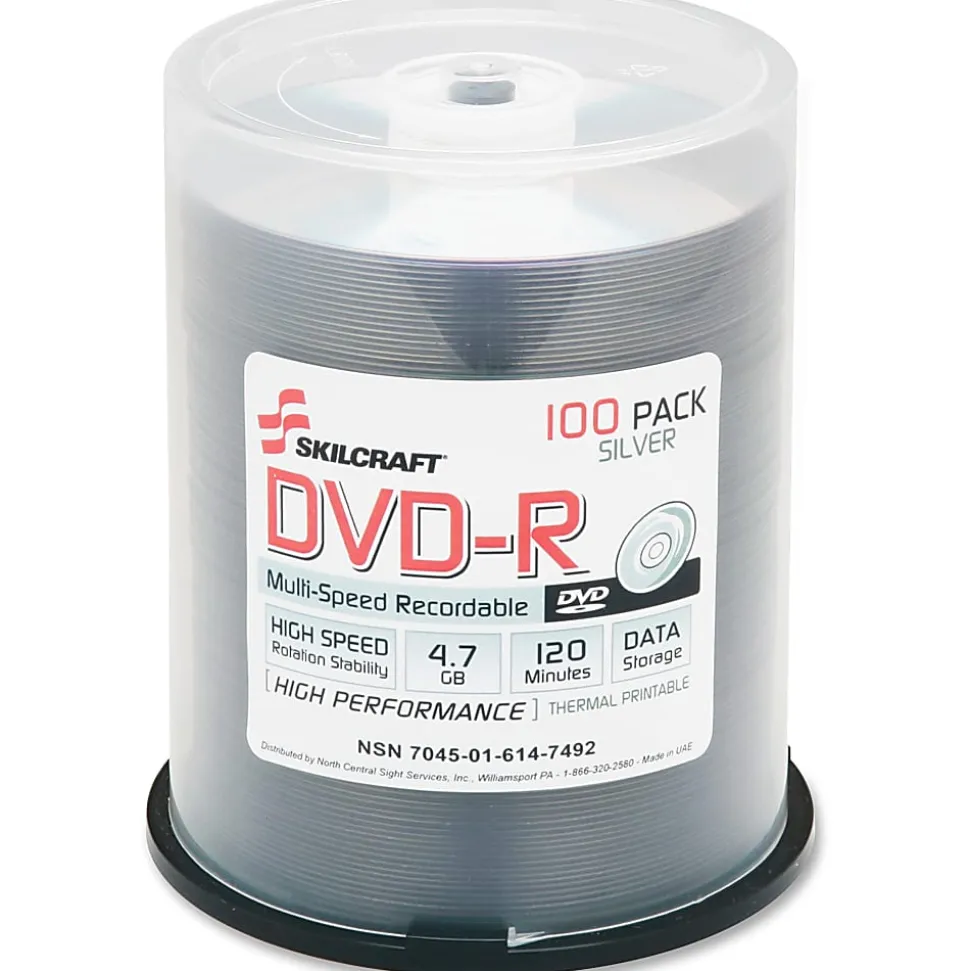 SKILCRAFT® DVD-R Discs, Pack Of 100 (AbilityOne 7045-01-614-7492)