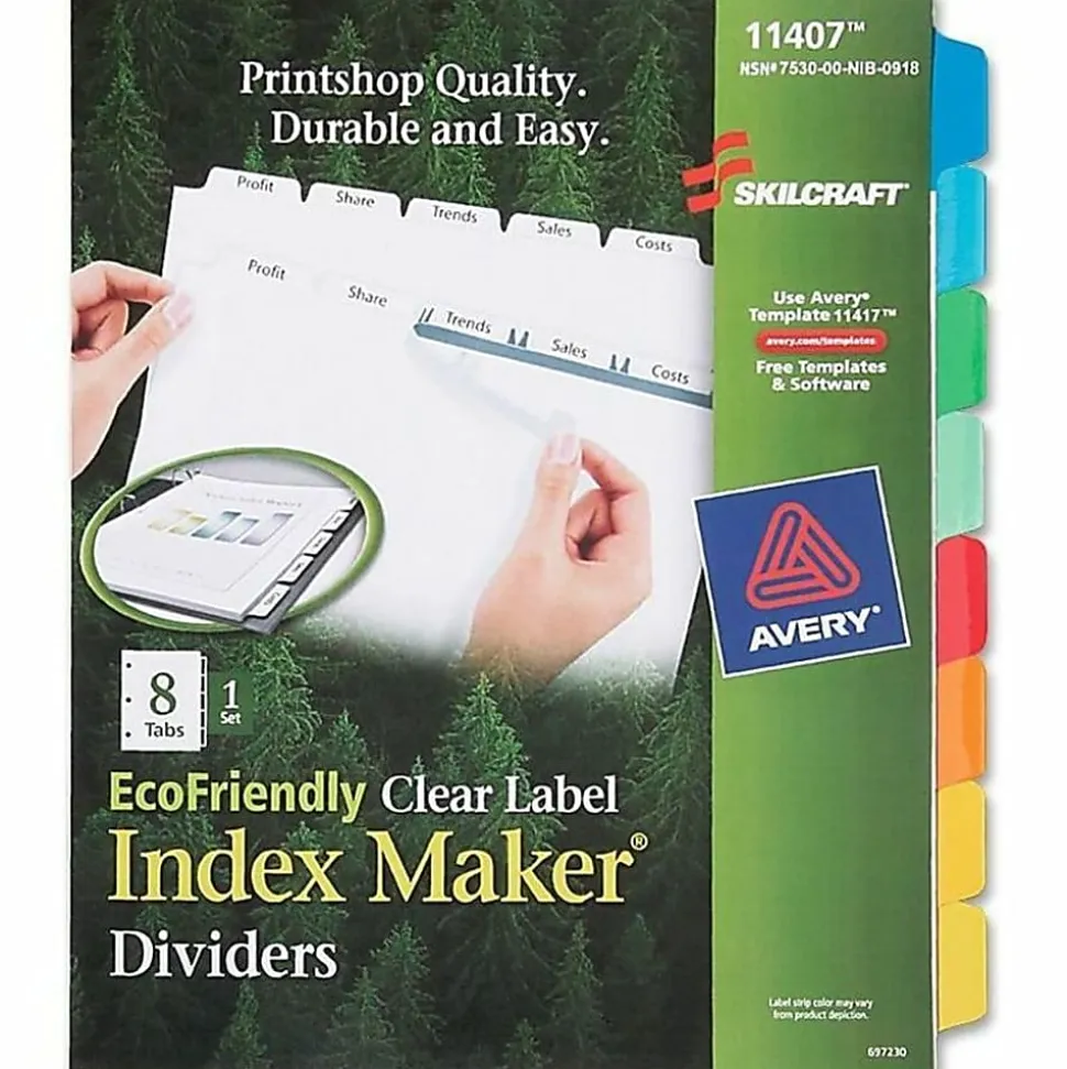 SKILCRAFT® Index Maker Clear Label Dividers With White Tabs, 8-Tab (AbilityOne7530-01-600-6978)