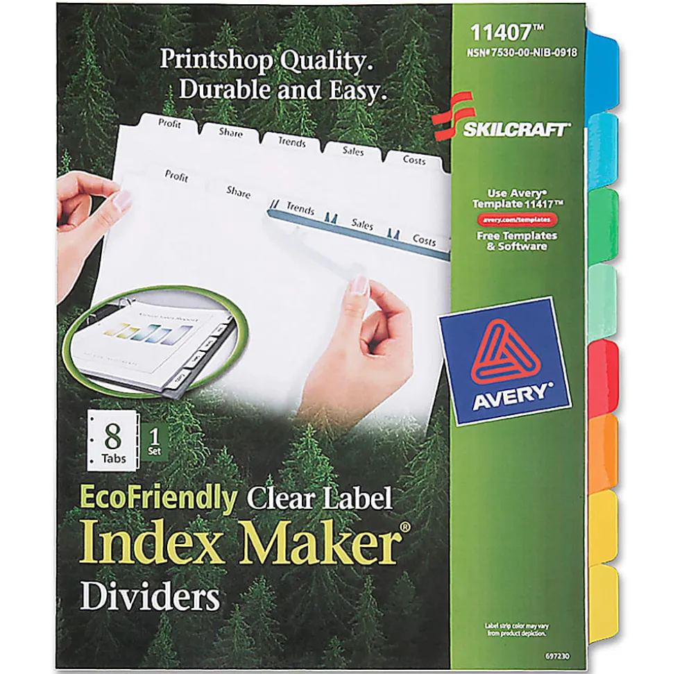 SKILCRAFT® Index Maker Clear Label Dividers With White Tabs, 8-Tab (AbilityOne7530-01-600-6978)