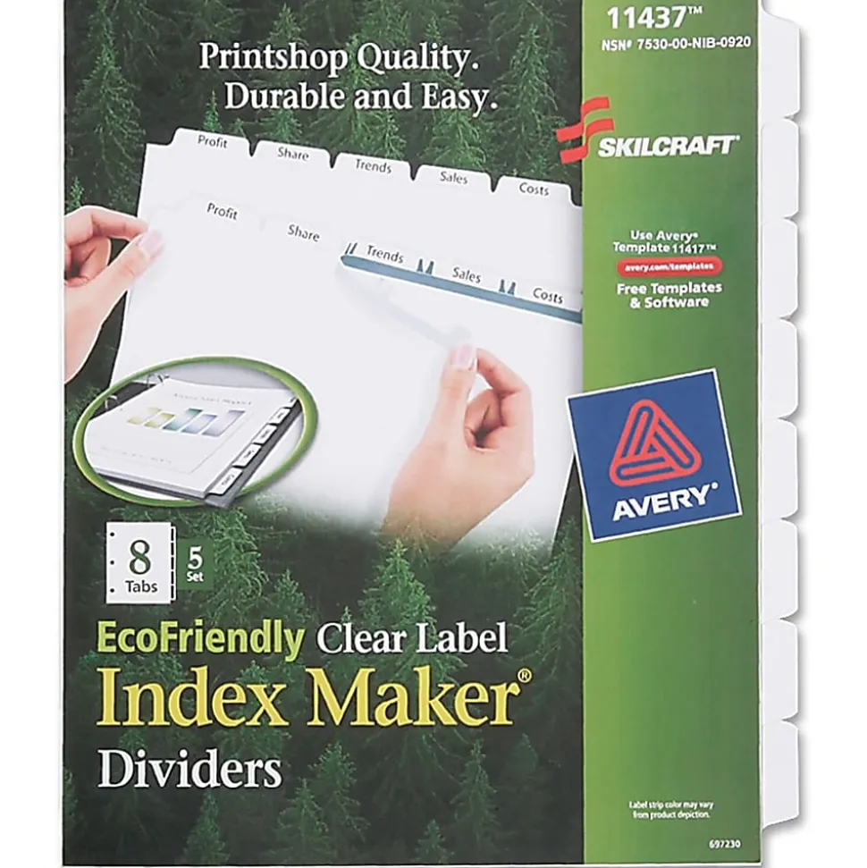 SKILCRAFT® Index Maker Clear Label Dividers With Whtie Tabs, 8-Tab, Pack Of 5 Sets (AbilityOne 7530-01-600-6982)