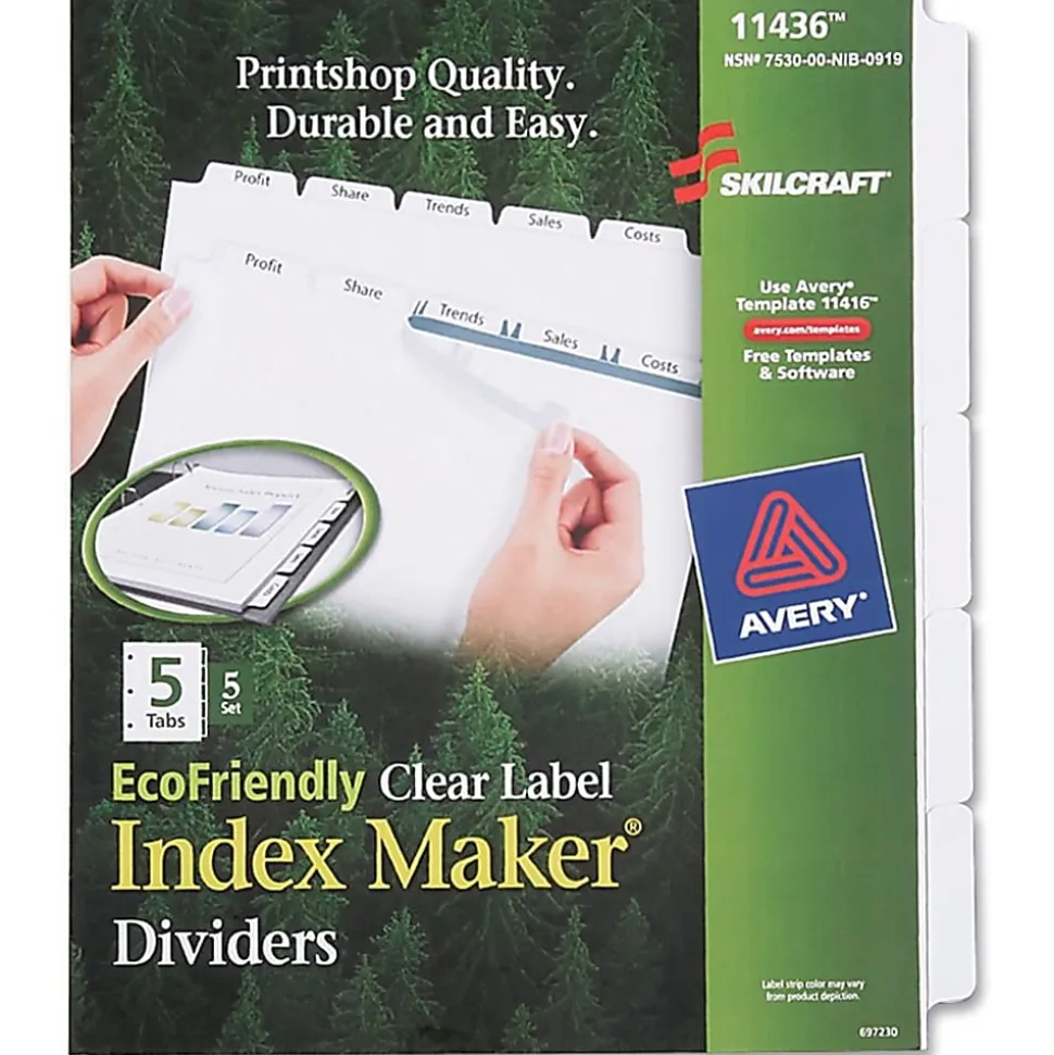 SKILCRAFT® Index Maker Clear Label Dividers With White Tabs, 5-Tab, Pack Of 5 Sets (AbilityOne 7530-01-600-6981)