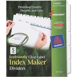 SKILCRAFT® Index Maker 100% Recycled Clear Label Dividers With White Tabs, 5-Tab (AbilityOne 7530-01-600-6977)