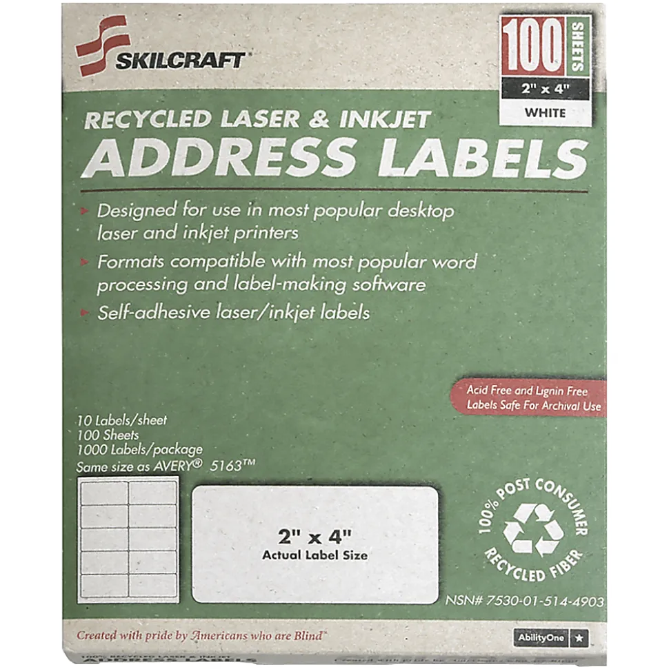 SKILCRAFT Permanent Inkjet/Laser Address Labels, NSN5144904, Rectangle, 1" x 2 5/8", White, Box Of 100 Sheets (AbilityOne 7530-01-514-4904)