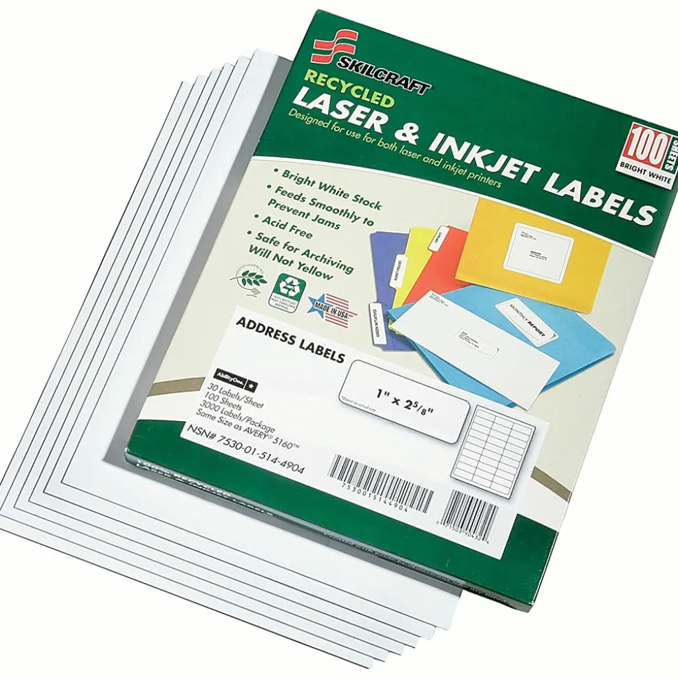 SKILCRAFT Permanent Inkjet/Laser Address Labels, NSN5144904, Rectangle, 1" x 2 5/8", White, Box Of 100 Sheets (AbilityOne 7530-01-514-4904)