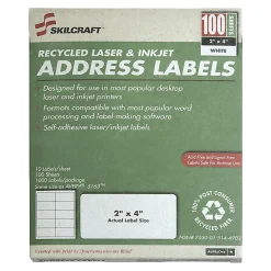SKILCRAFT Permanent Inkjet/Laser Address Labels, NSN5144903, Rectangle, 2" x 4", White, Box Of 100 Sheets (AbilityOne 7530-01-514-4903)