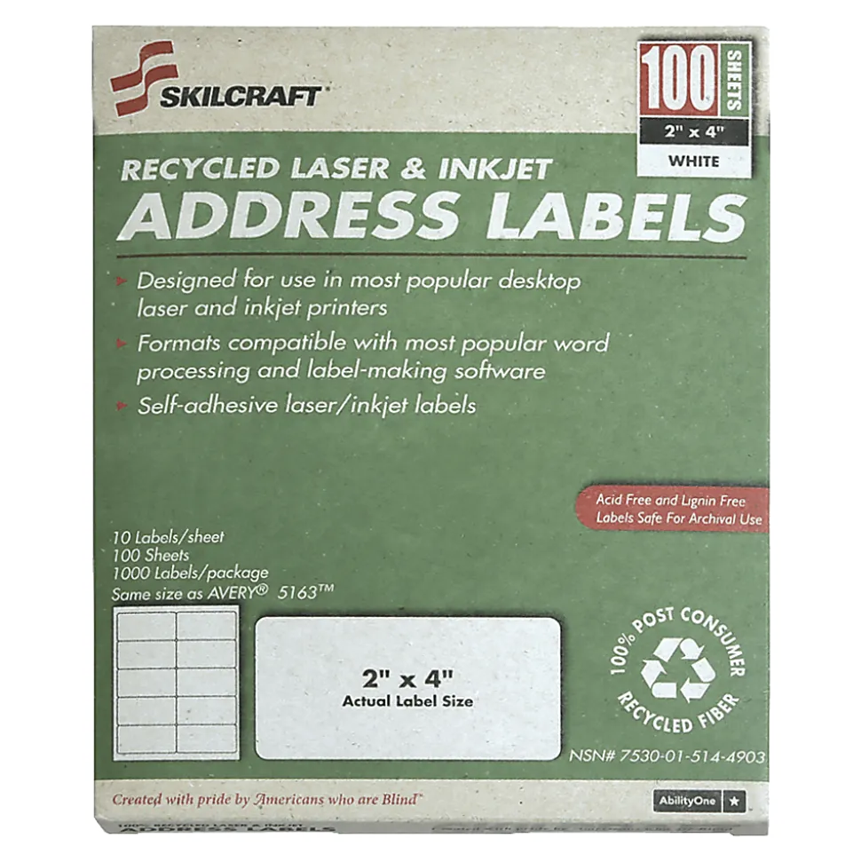 SKILCRAFT Permanent Inkjet/Laser Address Labels, NSN5144903, Rectangle, 2" x 4", White, Box Of 100 Sheets (AbilityOne 7530-01-514-4903)