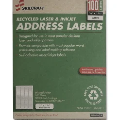 SKILCRAFT Permanent Inkjet/Laser Address Labels, NSN5144911, Rectangle, 1/2" x 1 3/4", White, Box Of 100 Sheets (AbilityOne 7530-01-514-4911)