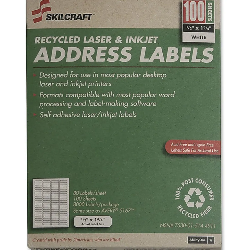 SKILCRAFT Permanent Inkjet/Laser Address Labels, NSN5144911, Rectangle, 1/2" x 1 3/4", White, Box Of 100 Sheets (AbilityOne 7530-01-514-4911)