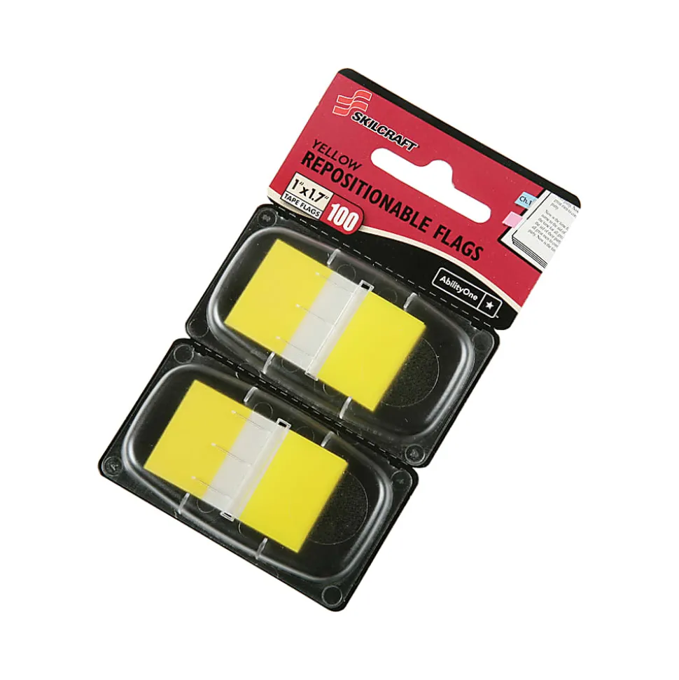 SKILCRAFT® 70% Recycled Color Self-Stick Flags, 1" x 1 3/4", Yellow, 50 Flags Per Pad, Pack Of 2 (AbilityOne 7510-01-315-2024)