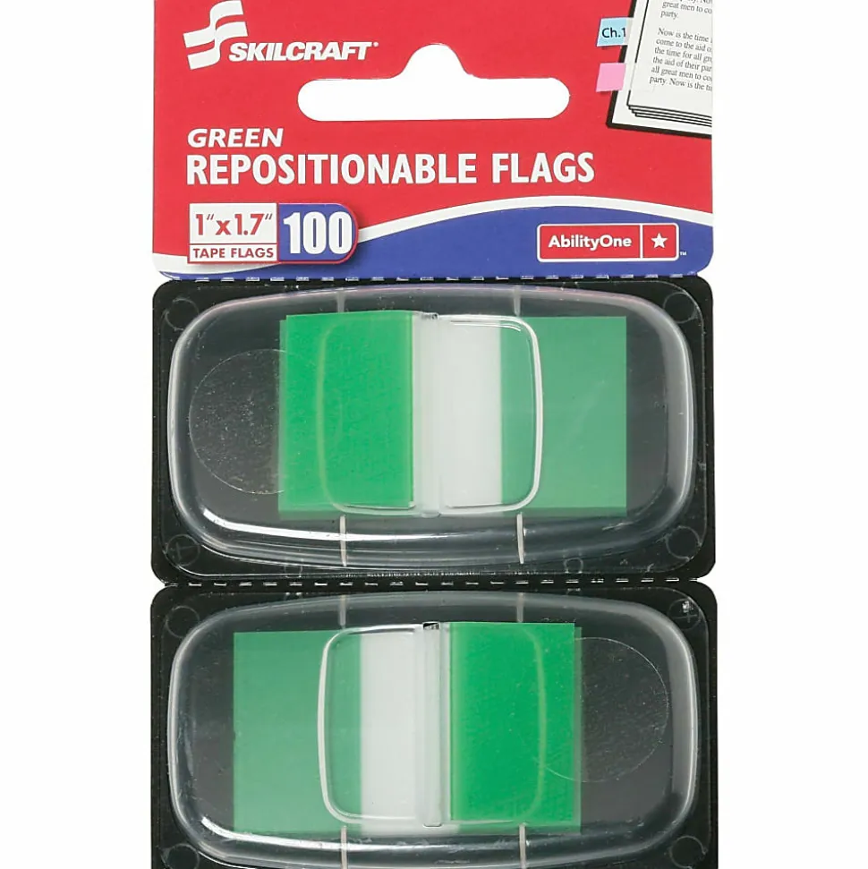 SKILCRAFT® 70% Recycled Color Self-Stick Flags, 1" x 1 3/4", Green, 50 Flags Per Pad, Pack Of 2 (AbilityOne 7510-01-315-2020)