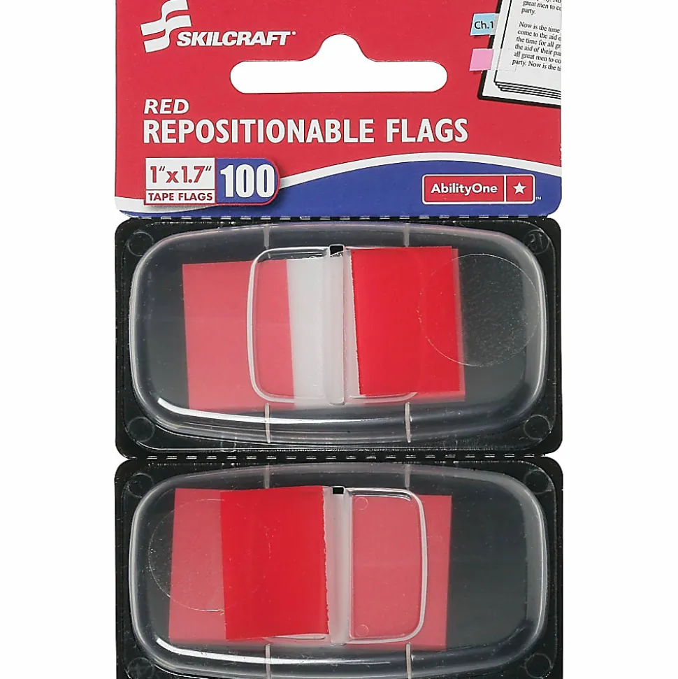 SKILCRAFT® 70% Recycled Color Self-Stick Flags, 1" x 1 3/4", Red, 50 Flags Per Pad, Pack Of 2 (AbilityOne 7510-01-315-2019)