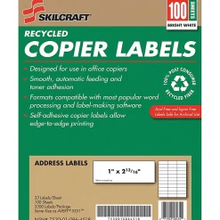SKILCRAFT® 100% Recycled Copier Address Labels, Rectangle, 1" x 2 13/16", White, Box Of 100 (AbilityOne 7530-01-086-4518)