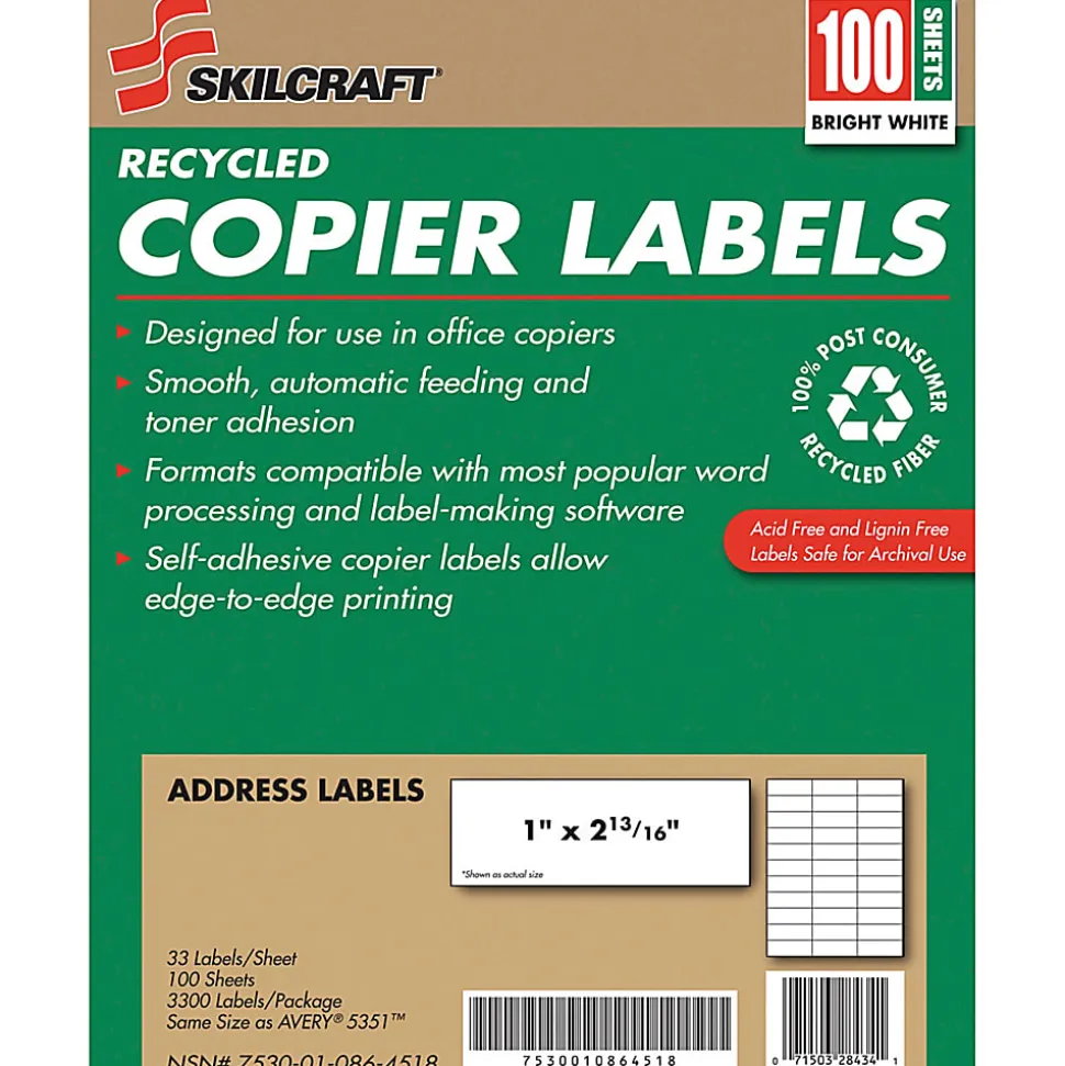 SKILCRAFT® 100% Recycled Copier Address Labels, Rectangle, 1" x 2 13/16", White, Box Of 100 (AbilityOne 7530-01-086-4518)