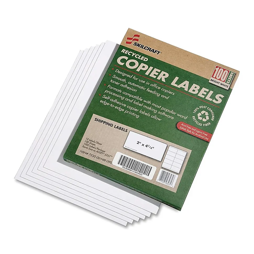 SKILCRAFT® 100% Recycled Copier Shipping Labels, Rectangle, 2" x 4 1/4", White, Box Of 100