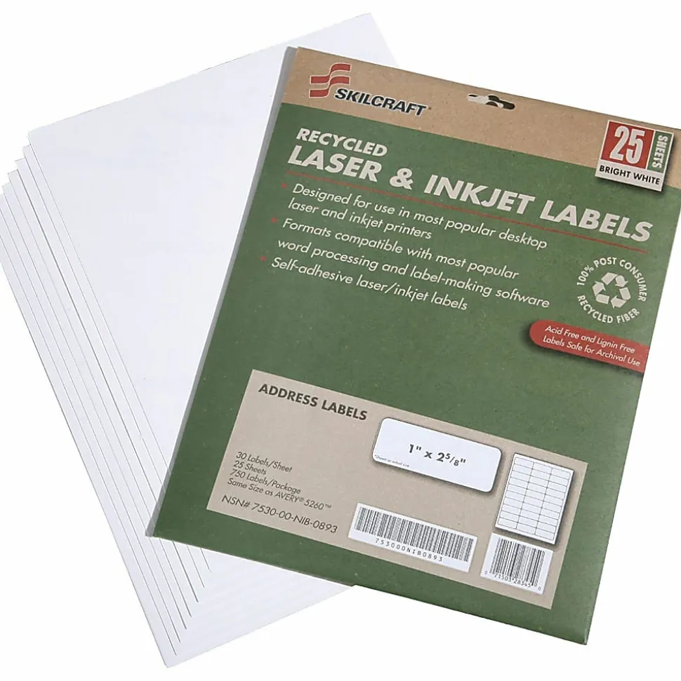 SKILCRAFT® 100% Recycled Inkjet/Laser Address Labels, Rectangle, 1" x 2 5/8", White, Box Of 25 Sheets (AbilityOne 7530-01-578-9292)