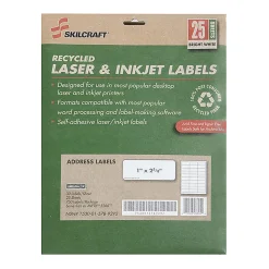 SKILCRAFT® 100% Recycled Inkjet/Laser Address Labels, Rectangle, 1" x 2 5/8", White, Box Of 25 Sheets (AbilityOne 7530-01-578-9292)