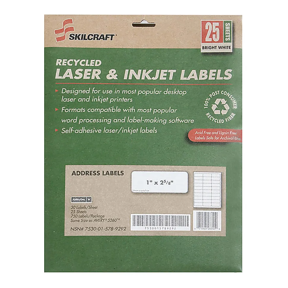 SKILCRAFT® 100% Recycled Inkjet/Laser Address Labels, Rectangle, 1" x 2 5/8", White, Box Of 25 Sheets (AbilityOne 7530-01-578-9292)