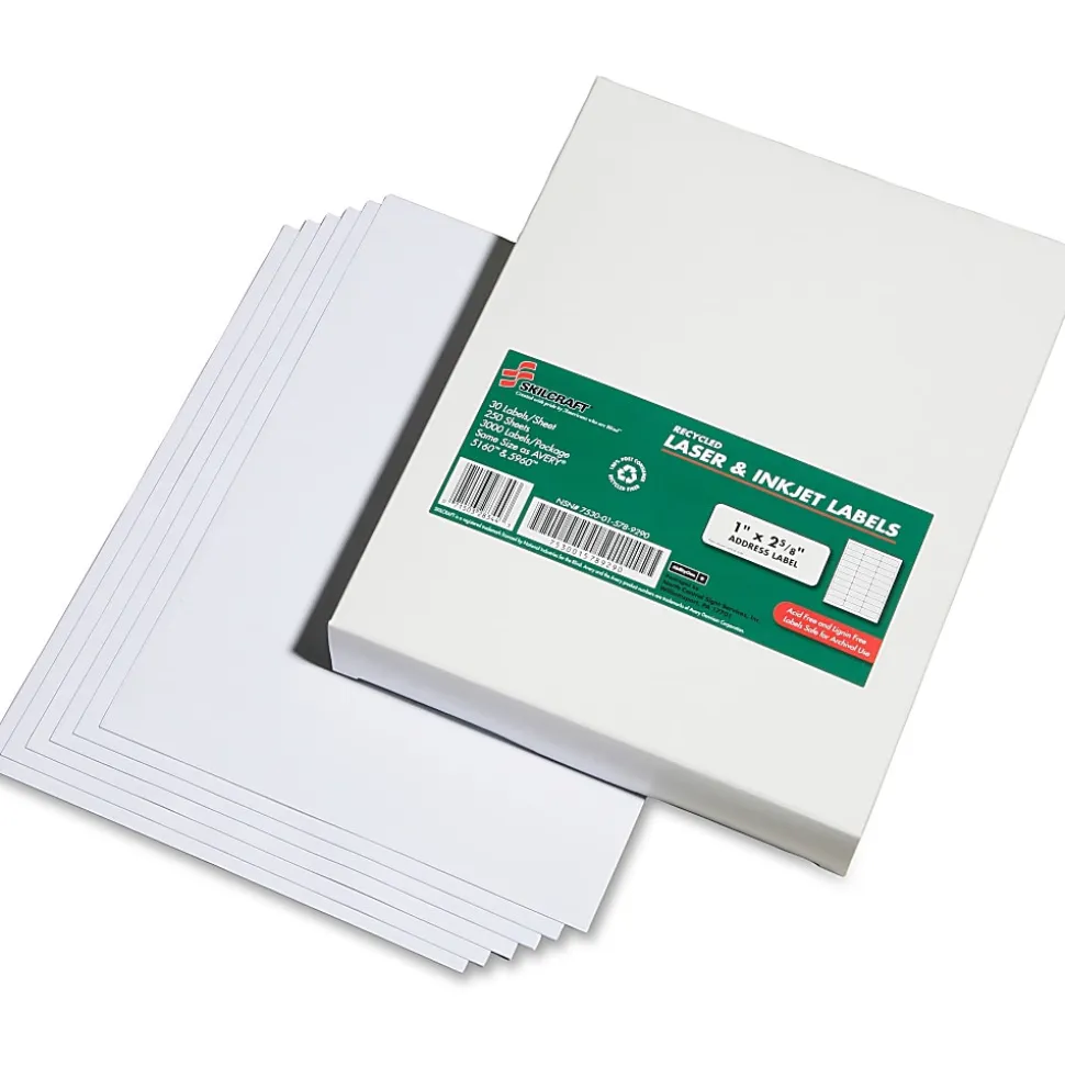 SKILCRAFT® 100% Recycled Inkjet/Laser Address Labels, Rectangle, 1" x 2 5/8", White, Box Of 250 Sheets (AbilityOne 7530-01-578-9290)