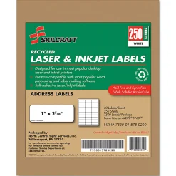 SKILCRAFT® 100% Recycled Inkjet/Laser Address Labels, Rectangle, 1" x 2 5/8", White, Box Of 250 Sheets (AbilityOne 7530-01-578-9290)