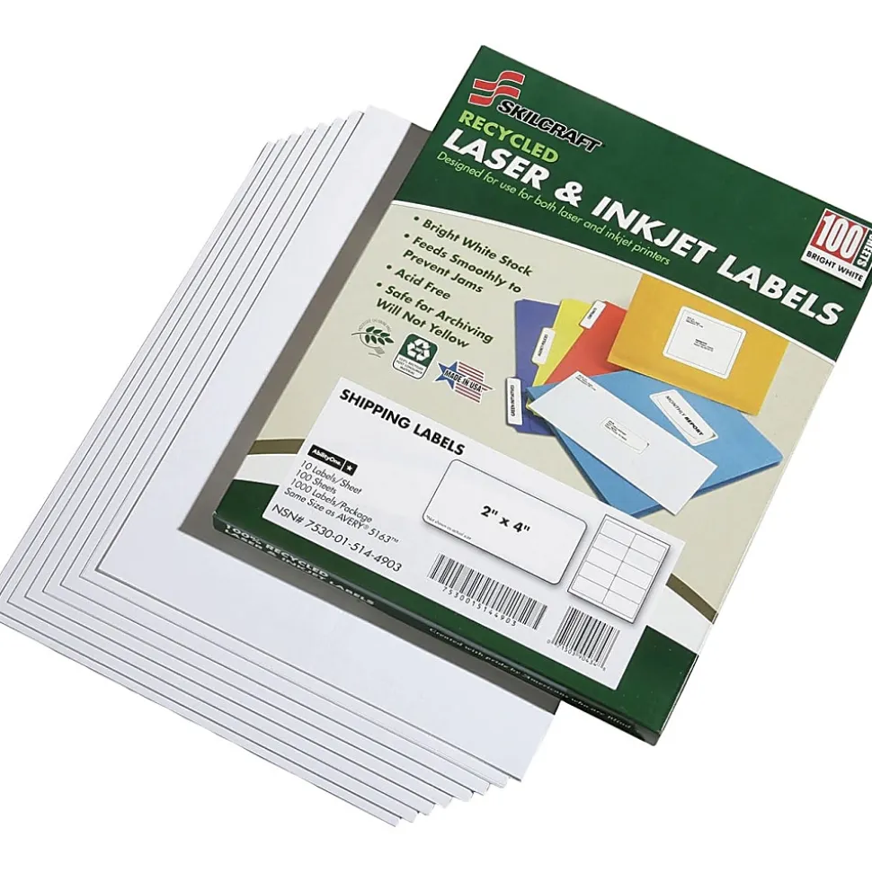 SKILCRAFT® 100% Recycled Inkjet/Laser Shipping Labels, Rectangle, 2" x 4", White, 10 Sheets Per Pack, Box Of 25 Packs (AbilityOne 7530-01-578-9293)