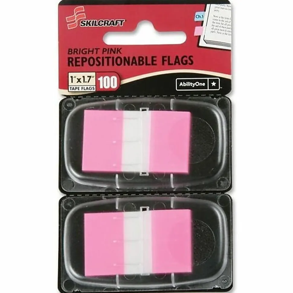 SKILCRAFT® 70% Recycled Self-Stick Marker Flags,1" x 1 3/4", Bright Pink, 50 Flags Per Pad, Pack Of 2 (AbilityOne 7510-01-399-1153)
