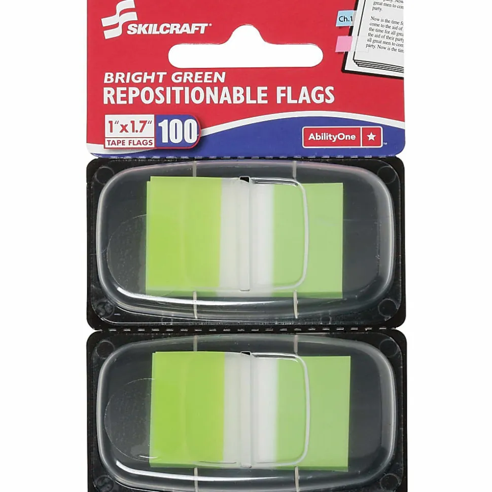 SKILCRAFT® 70% Recycled Self-Stick Marker Flags,1" x 1 3/4", Bright Green, 50 Flags Per Pad, Pack Of 2 (AbilityOne 7510-01-399-1152)