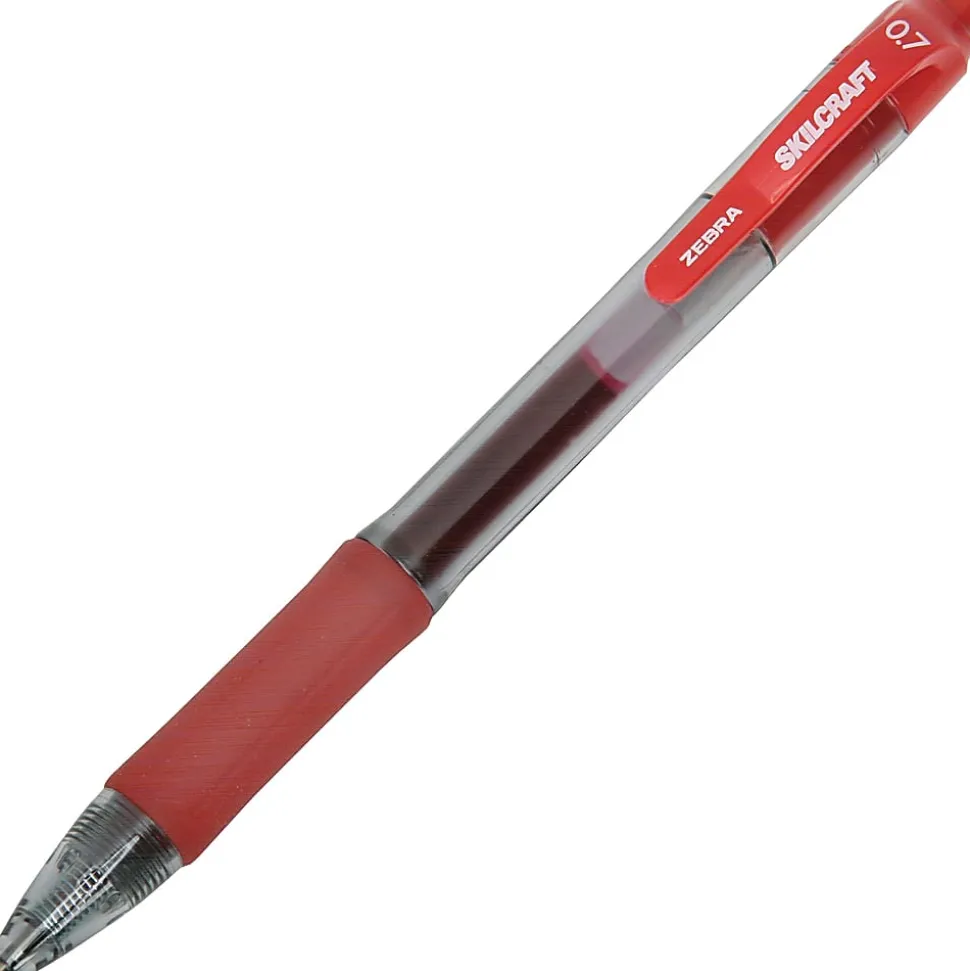 SKILCRAFT® Retractable Gel Pens, Medium Point, 0.7 mm, Clear/Red Barrel, Red Ink, Pack Of 12 Pens