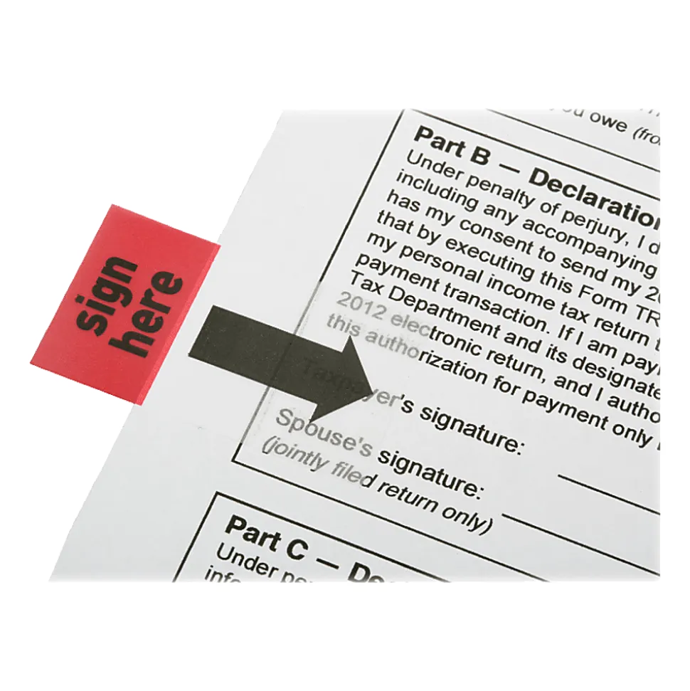 SKILCRAFT® Self-Stick Flags, Rectangular, "Sign Here", 1" x 1 3/4", Red, Pack Of 100 (AbilityOne 7510-01-389-2262)