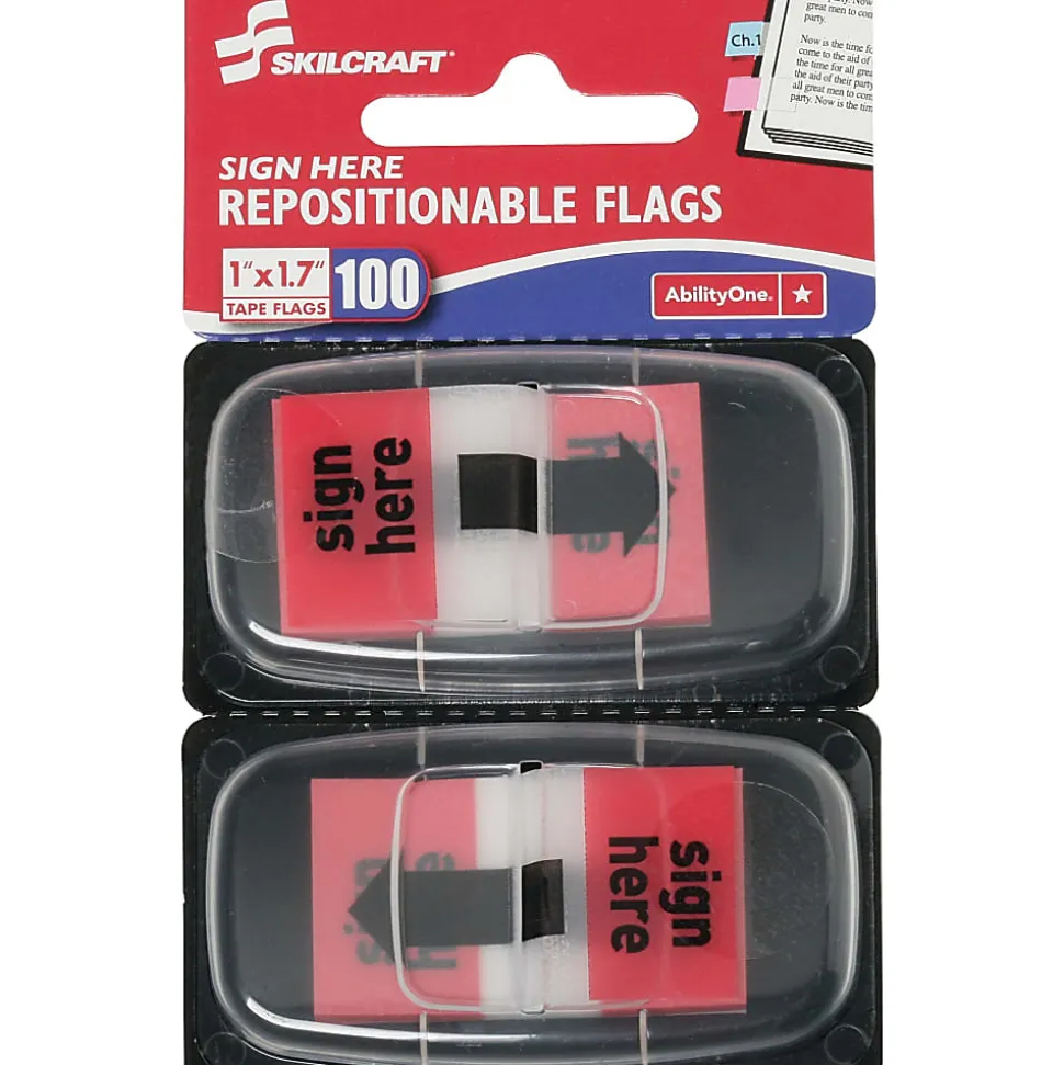 SKILCRAFT® Self-Stick Flags, Rectangular, "Sign Here", 1" x 1 3/4", Red, Pack Of 100 (AbilityOne 7510-01-389-2262)