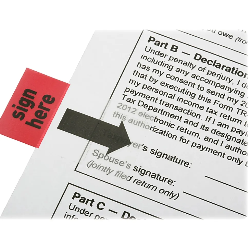 SKILCRAFT® Self-Stick Flags, Rectangular, "Sign Here", 1" x 1 3/4", Red, Pack Of 100 (AbilityOne 7510-01-389-2262)