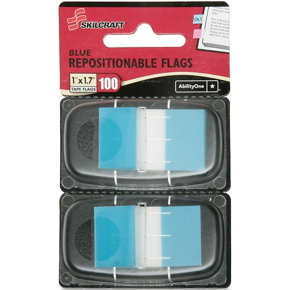 SKILCRAFT® Self-Stick Rectangular Flags, 1" x 1 3/4", Blue, 50 Flags Per Dispenser, Pack Of 2 (AbilityOne 7510-01-621-1307)