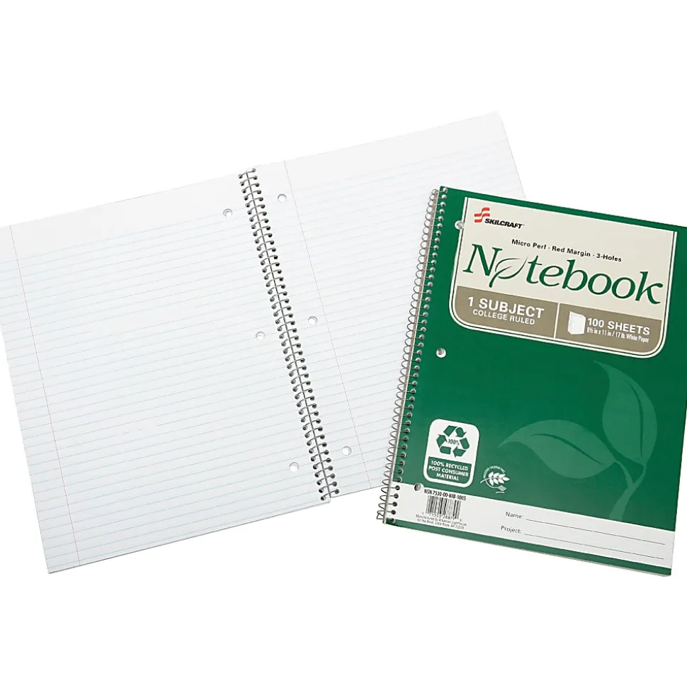SKILCRAFT® Spiral Notebook, 8-1/2" x 11", 1 Subject, College Rule, 100 Sheets, 100% Recycled, Green, Pack of 3