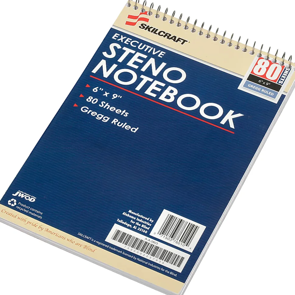 SKILCRAFT Steno Notebooks, 6" x 9", Gregg Ruled, 80 Pages (40 Sheets), White/Blue, Pack Of 12 (AbilityOne 7530-00-223-7939)
