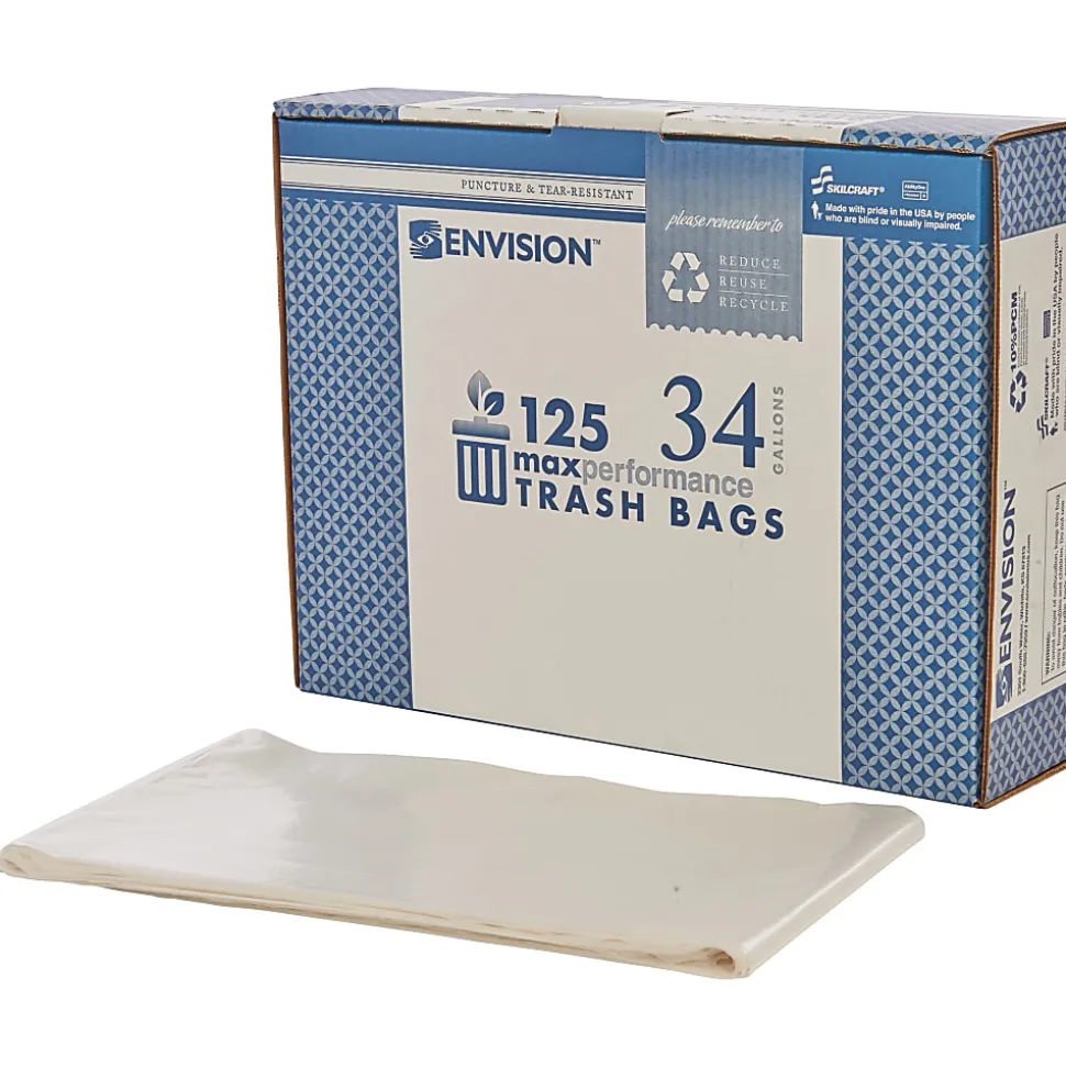 SKILCRAFT Trash Bags, 34 gal, 32"H x 44"W, Clear, 100 Bags (AbilityOne NSN1506256)