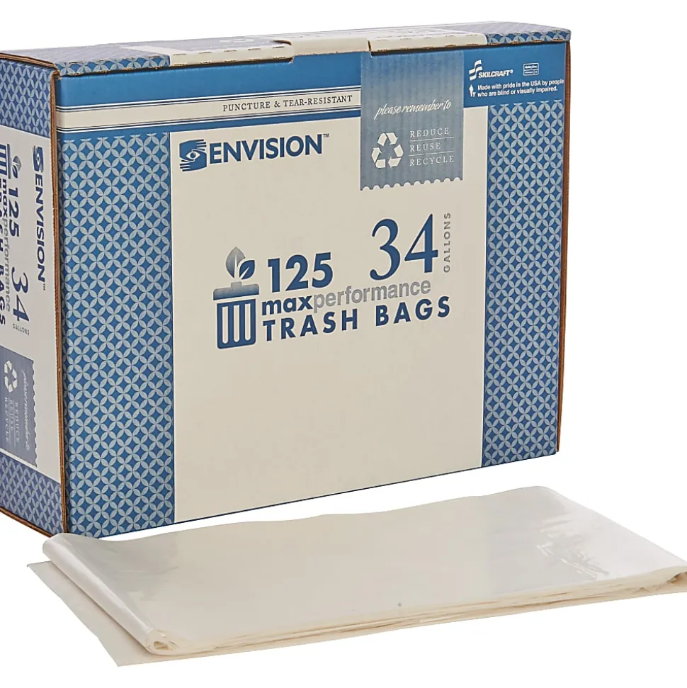 SKILCRAFT Trash Bags, 34 gal, 32"H x 44"W, Clear, 100 Bags (AbilityOne NSN1506256)