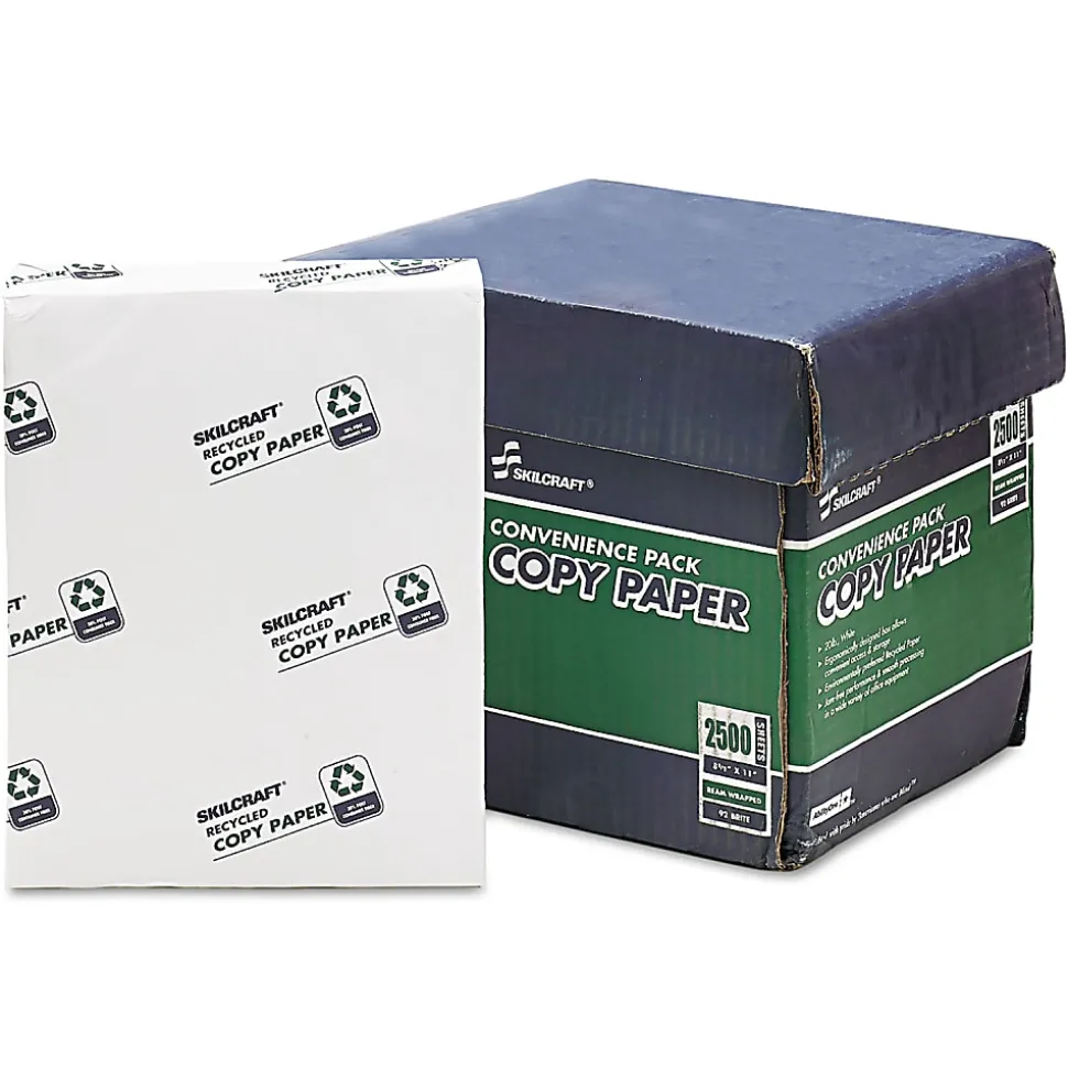 SKILCRAFT® Xerographic Copy Paper, 5 Reams, White, Letter (8.5" x 11"), 2500 Sheets Per Case, 20 Lb, 92 Brightness, 30% Recycled