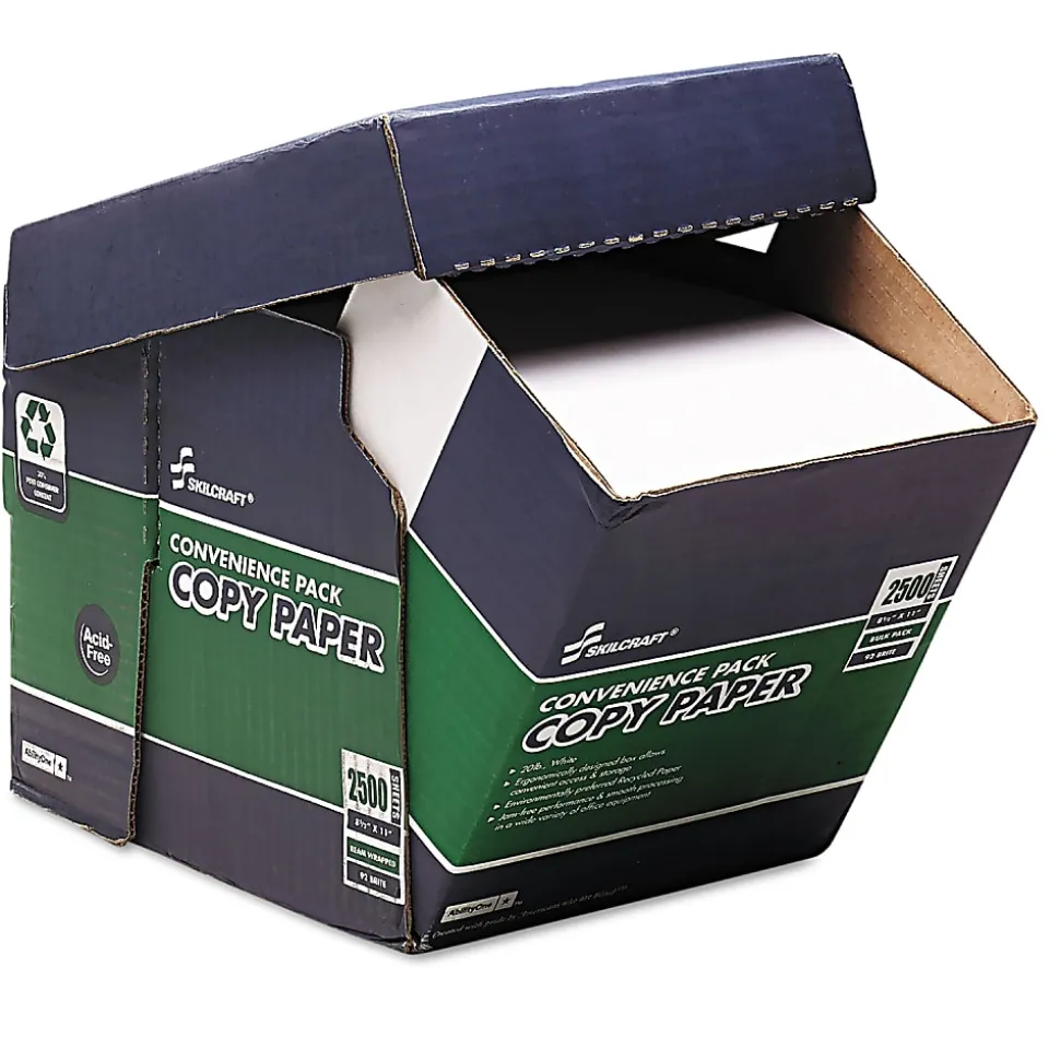 SKILCRAFT® Xerographic Reamless Copy Paper, White, Letter (8.5" x 11"), 2500 Sheets Per Case, 20 Lb, 92 Brightness, 30% Recycled