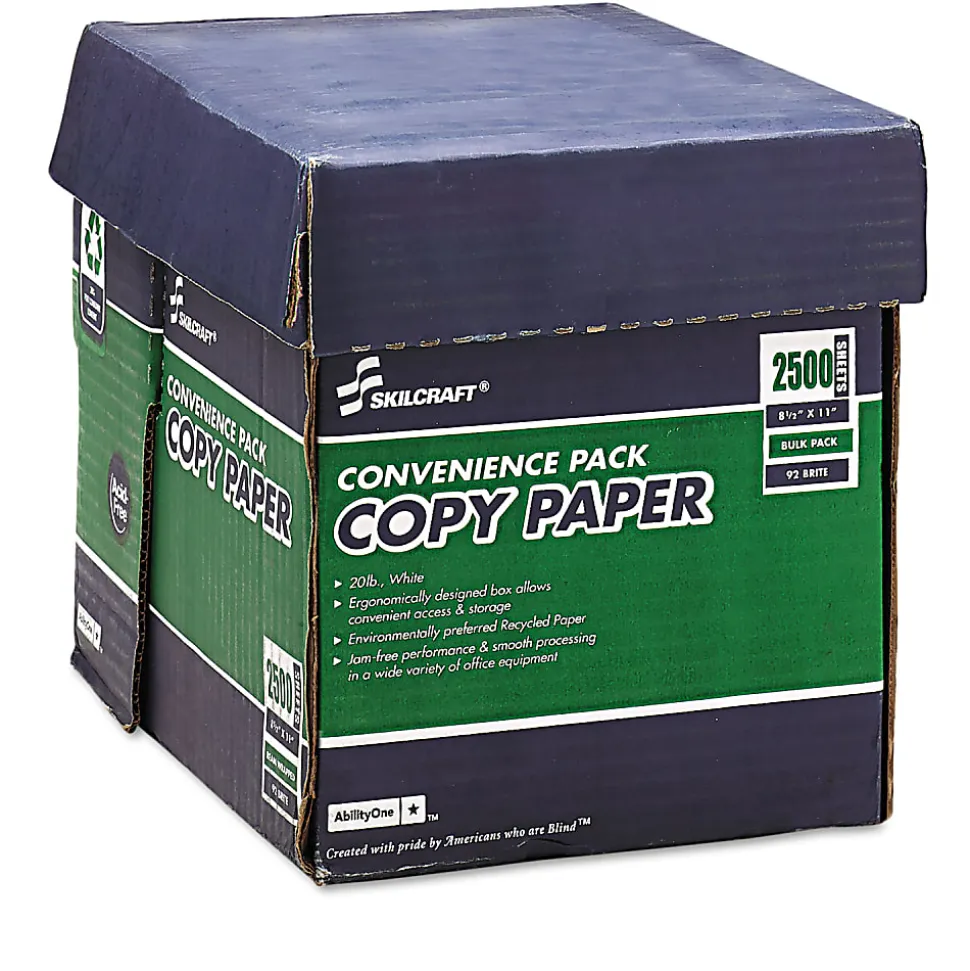 SKILCRAFT® Xerographic Reamless Copy Paper, White, Letter (8.5" x 11"), 2500 Sheets Per Case, 20 Lb, 92 Brightness, 30% Recycled