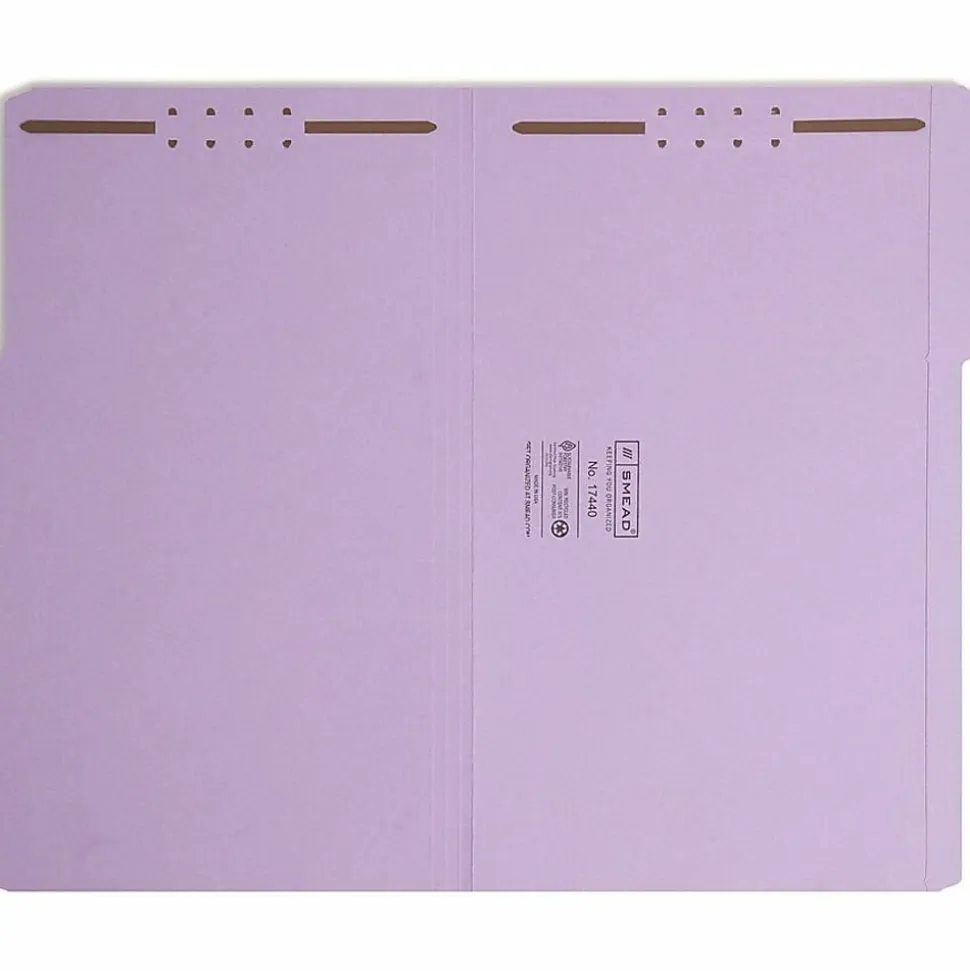 Smead® Colored Top-Tab Fastener File Folders, 8 1/2" x 14", Legal Size, Lavender, Box Of 50 Folders