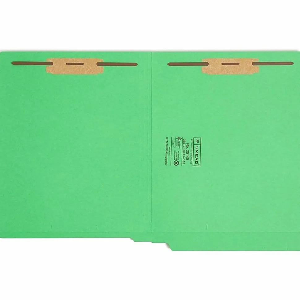 Smead® Color End-Tab Folders With Fasteners, Straight Cut, Letter Size, Green, Pack Of 50