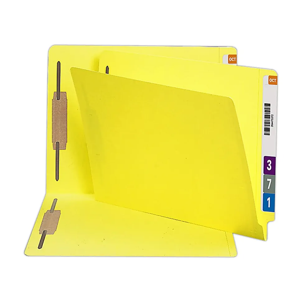 Smead® Color End-Tab Folders With Fasteners, Straight Cut, Letter Size, Yellow, Pack Of 50
