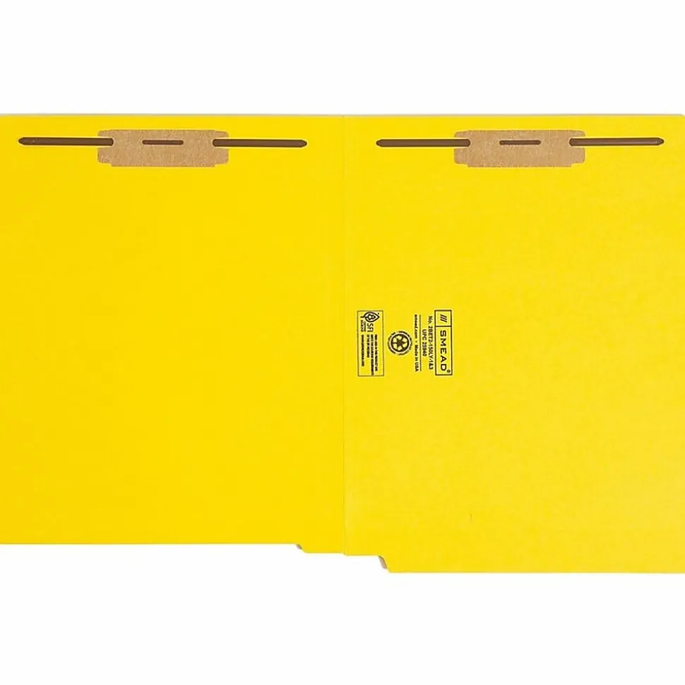 Smead® Color End-Tab Folders With Fasteners, Straight Cut, Letter Size, Yellow, Pack Of 50