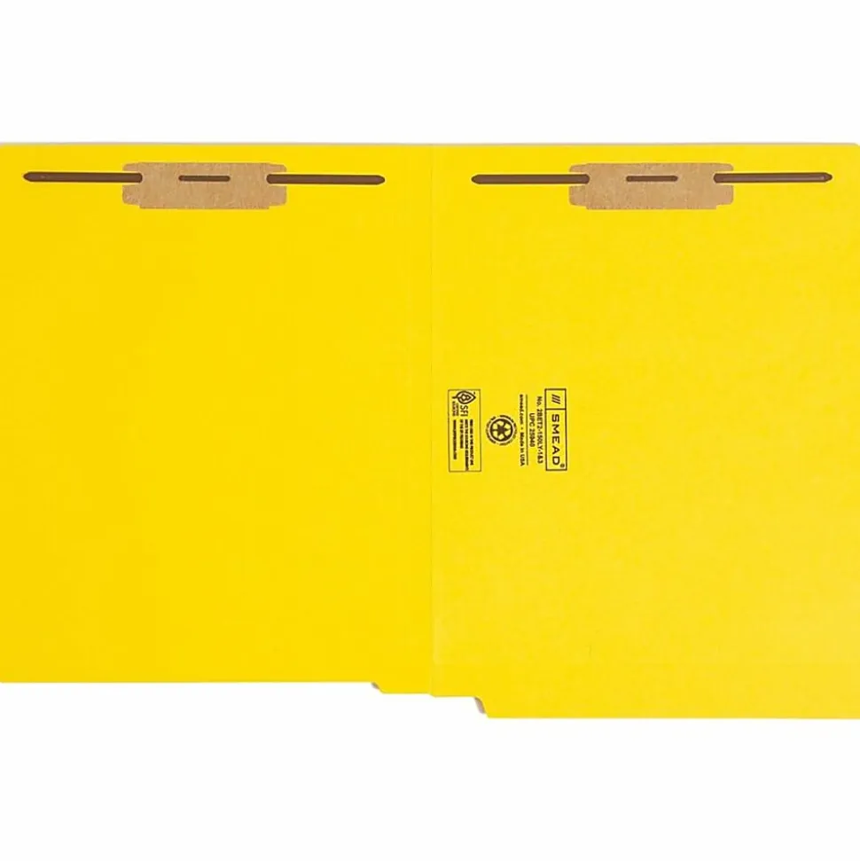 Smead® Color End-Tab Folders With Fasteners, Straight Cut, Letter Size, Yellow, Pack Of 50