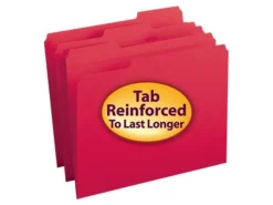 SmeadĀ® Color File Folders, With Reinforced Tabs, Letter Size, 1/3 Cut, Red, Box Of 100