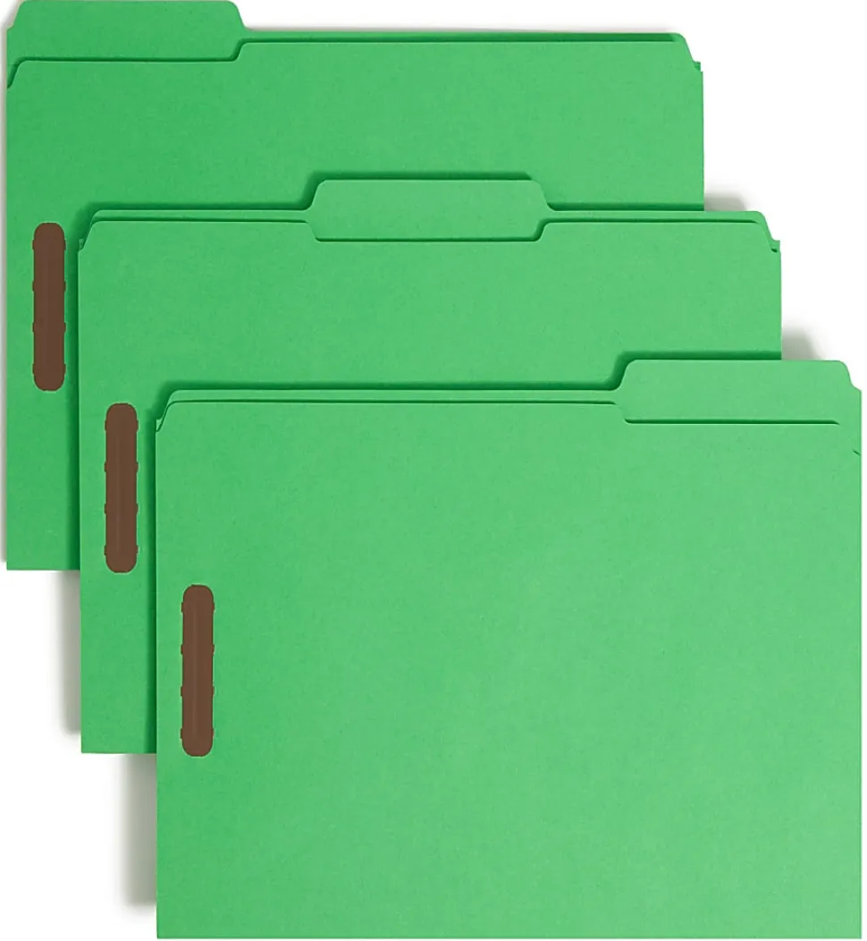 Smead® Color Reinforced Tab Fastener Folders, Letter Size, 1/3 Cut, Green, Pack Of 50
