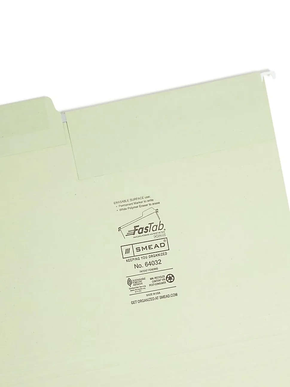 Smead® Erasable FasTab® Hanging File Folders, Letter Size, Moss, Box Of 20 Folders