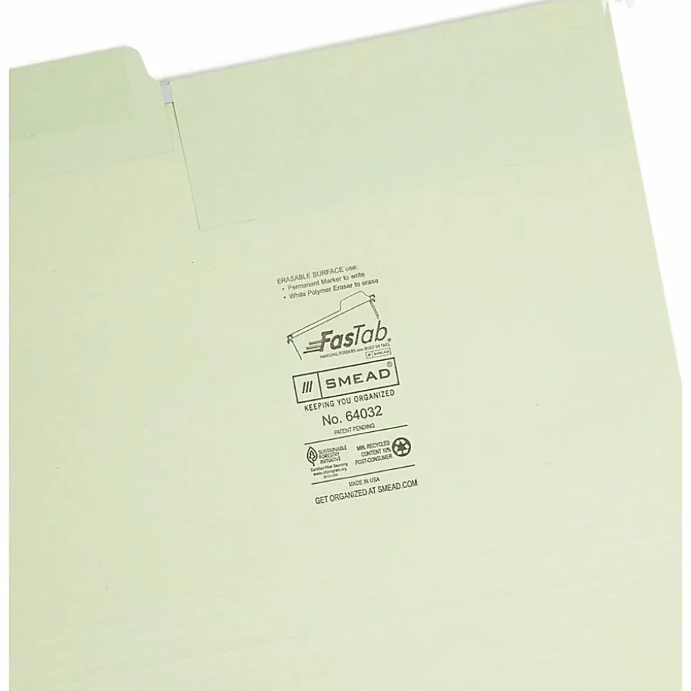 Smead® Erasable FasTab® Hanging File Folders, Letter Size, Moss, Box Of 20 Folders