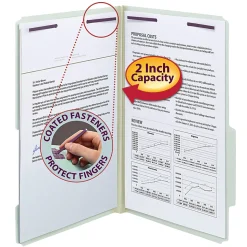 Smead® Guide Height Pressboard Folders With SafeSHIELD® Fasteners, 2/5 Cut, Legal Size, 2" Expansion, Gray/Green, Box Of 25